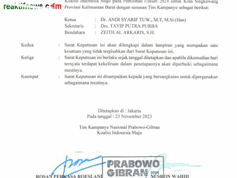 surat keputusan tkd prabowo-gibran di singkawang.